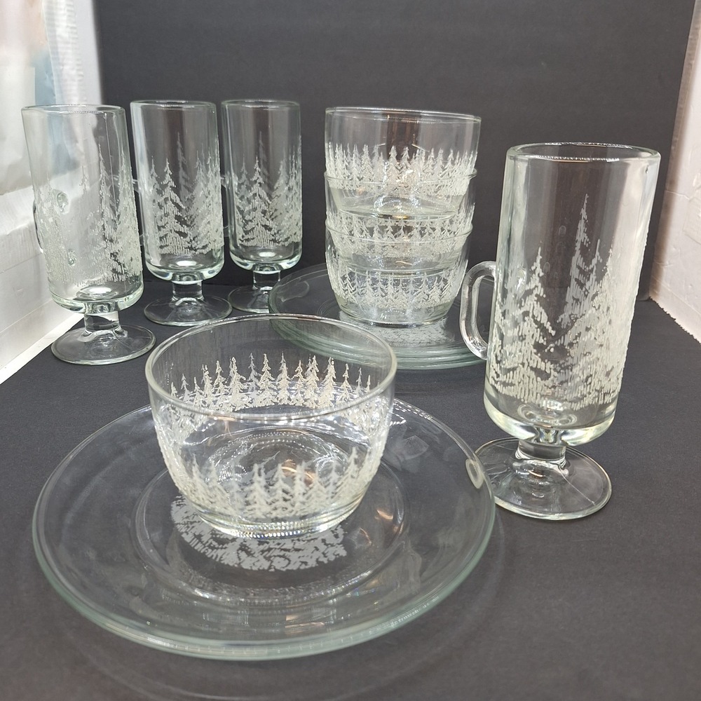 Libbey Frosty Pines Glass Bowls and plates Place Set of 4 Irish coffee mug 12pc - Picture 2 of 12